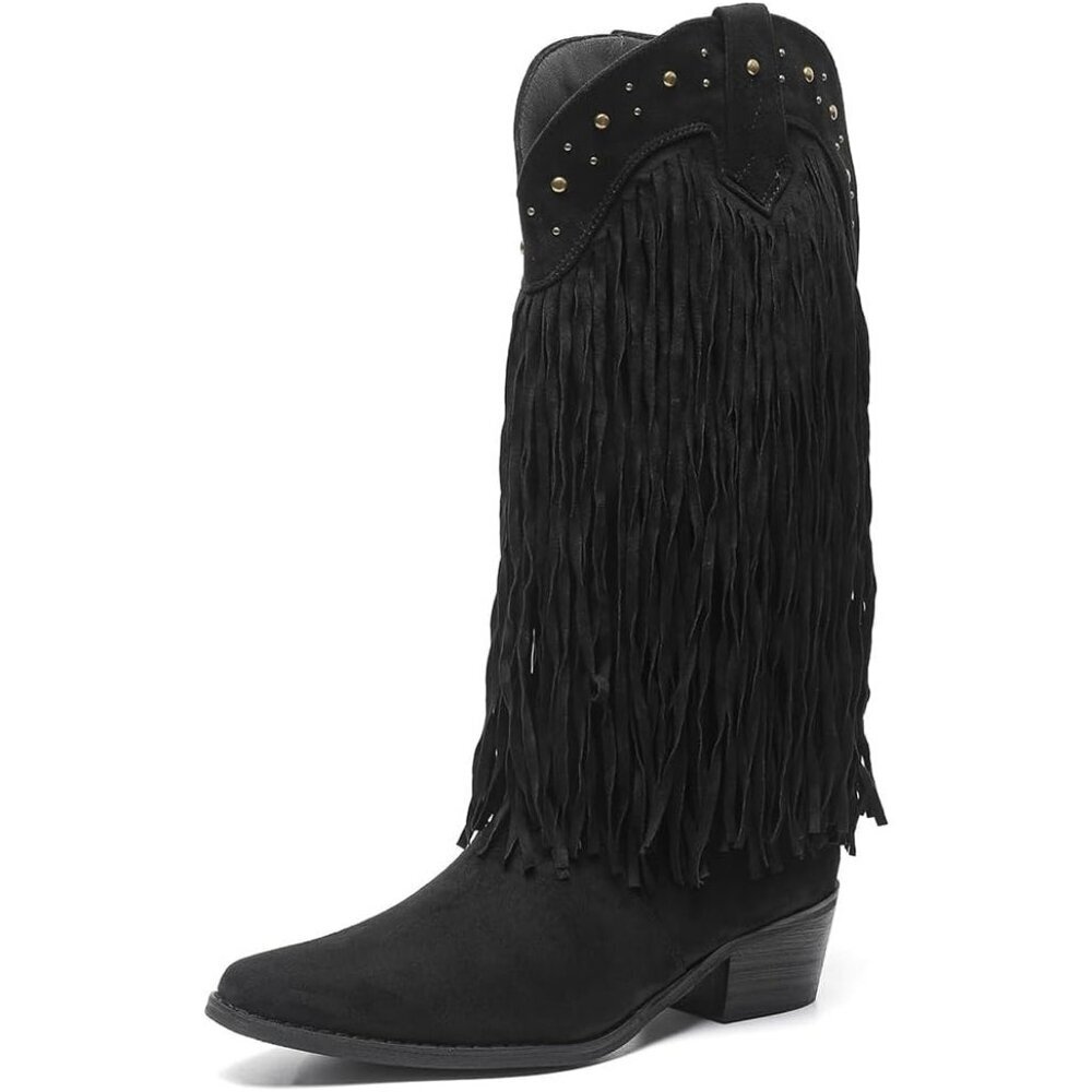 Women's Blacktassels Cowboy Boots Pointed Toe Cowgirl Knee High Boot With Zipper